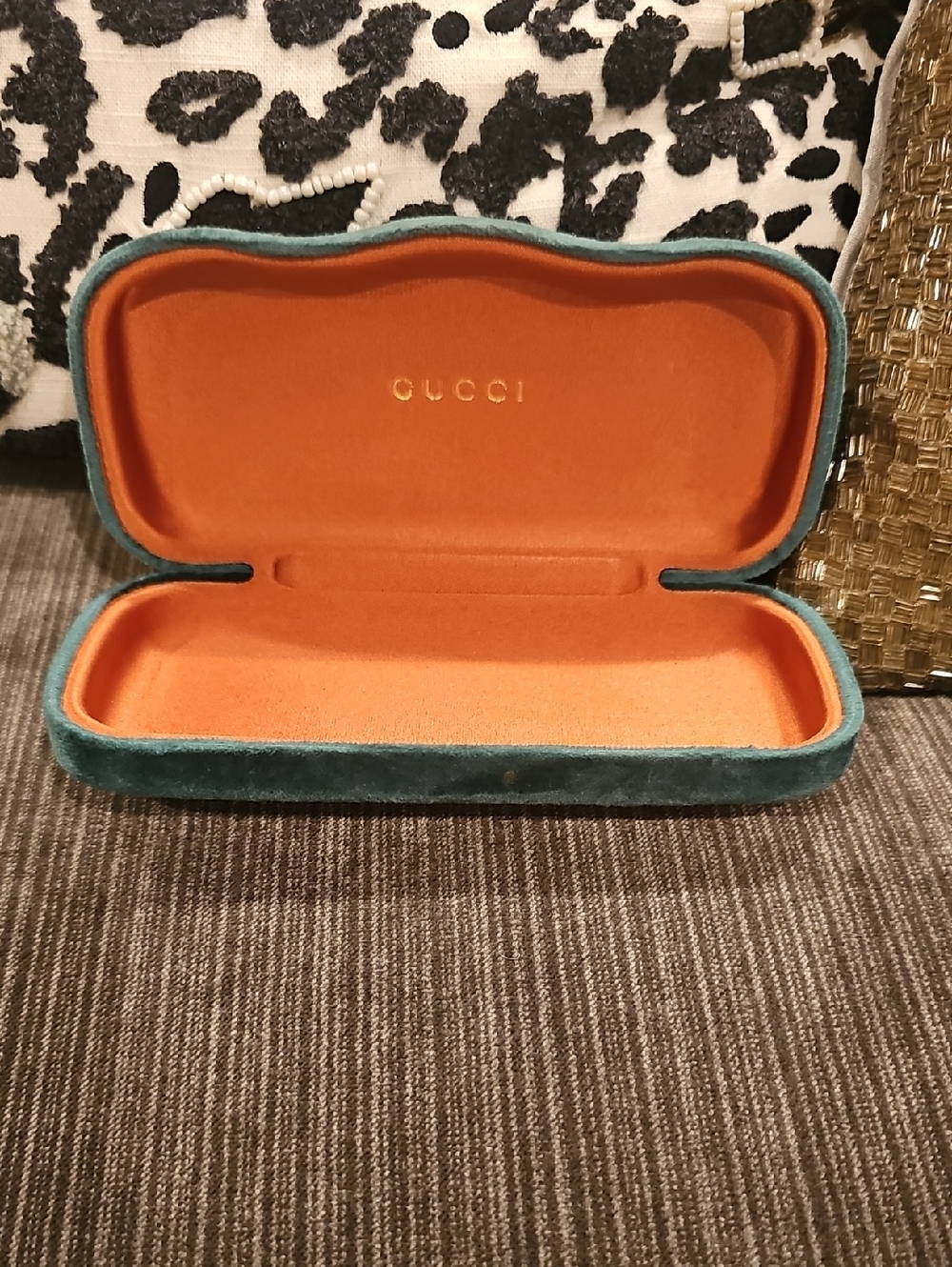 Gucci Velvet Eyewear Case in Green/Teal and Orange Satin Interior